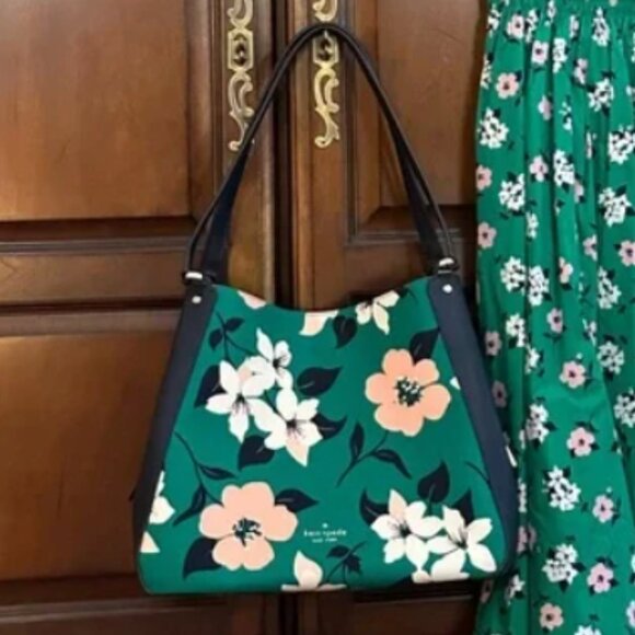 Kate Spade Leila Medium Triple Compartment Shoulder Bag Lily Blooms Green EUC - Picture 1 of 5